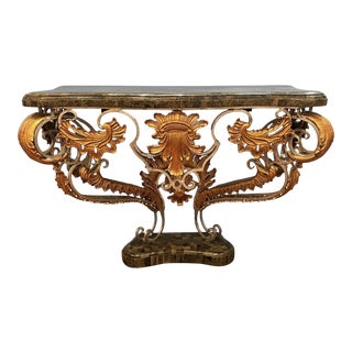Maitland Smith Marble Top Iron and Brass Console Table For Sale