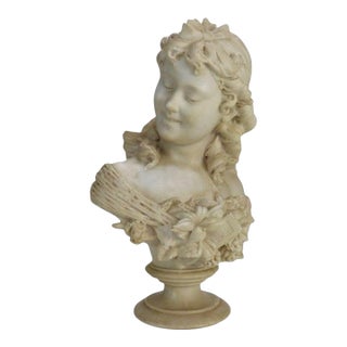 Italian Classical Carved Alabaster Bust of a Maiden With Flowers by P. Bazzanti For Sale