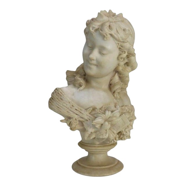 Italian Classical Carved Alabaster Bust of a Maiden With Flowers by P. Bazzanti For Sale