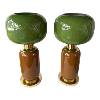 Contemporary Pair of Brass and Green Murano Glass Bulb Shade Lamps, Italy For Sale