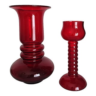 Vintage Czech Art Glass Ruby Red Vase & Matching Candleholder For Sale