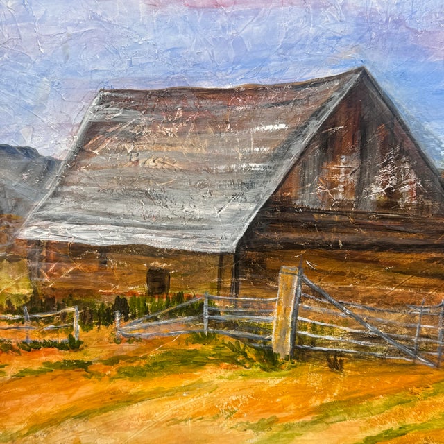 A vintage pastoral landscape depicting a rustic barn set beneath a softly layered sky. Expressive brushwork and a...