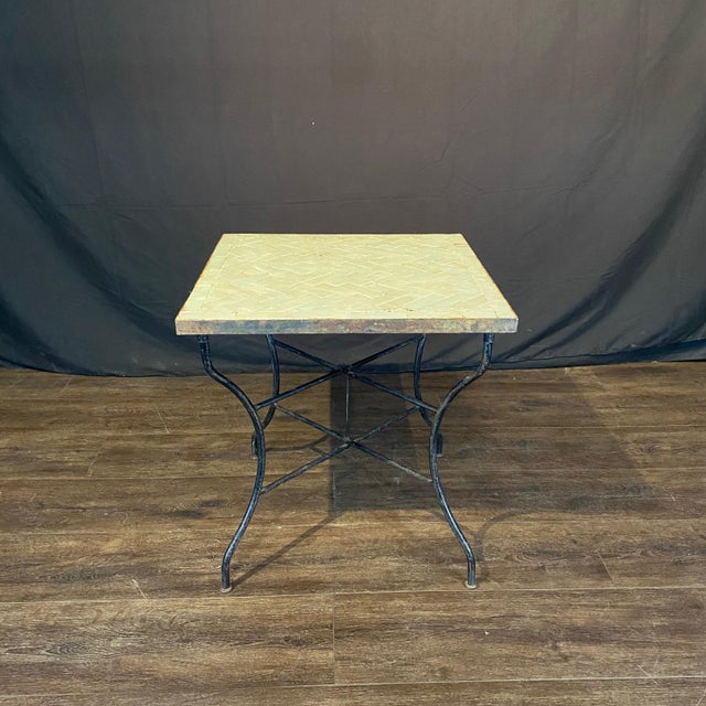 Metal Antique Mosaic Bistro Side Table With Herringbone Iridescent Tiles For Sale - Image 7 of 8