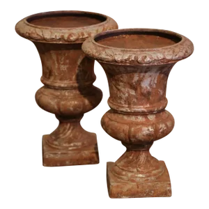 Pair of 19th Century French Weathered Iron Campana Form Garden Urns