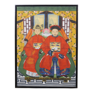 20th Century Chinese Ancestor Portrait Painting Emperor Empress Oil Canvas 31"