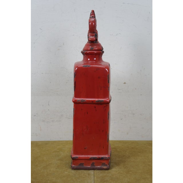 JCPenney Imax Distressed Red Ceramic Lidded Mantel Vase Urn Bottle 18" For Sale - Image 4 of 14