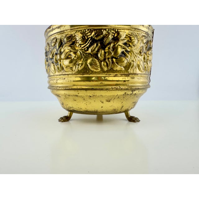 English Vintage English Embossed Brass Footed Planter Cachepot For Sale - Image 3 of 10
