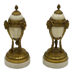 Pair, Louis Xvi Style French Gilt Bronze & White Marble Rams Head Cassolettes