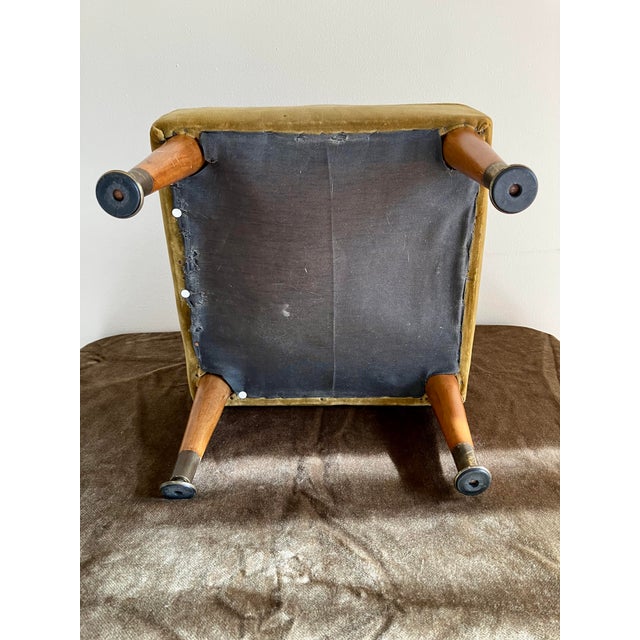Mid-Century Modern Needlepoint & Chartreuse Velvet Footstool — Vintage Square Ottoman With Tapered Walnut Legs and Brass Ferrule Accents For Sale - Image 15 of 18
