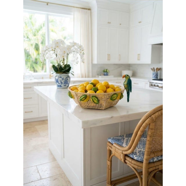 Vintage Tropical Raffia & Cane Fruit Bowl With Perched Parrot & Lemon Accents For Sale - Image 11 of 12