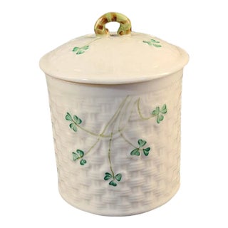 Vintage Belleek Lidded Jar "Shamrock" Green Mark For Sale