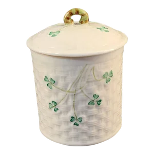 Vintage Belleek Lidded Jar "Shamrock" Green Mark