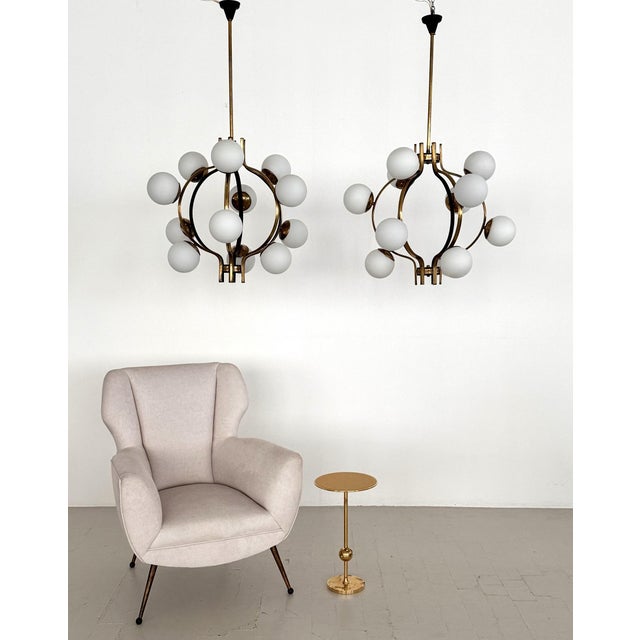 Mid-Century Italian Brass and Opaline Glass Chandelier from Stilnovo, 1950s For Sale - Image 10 of 18
