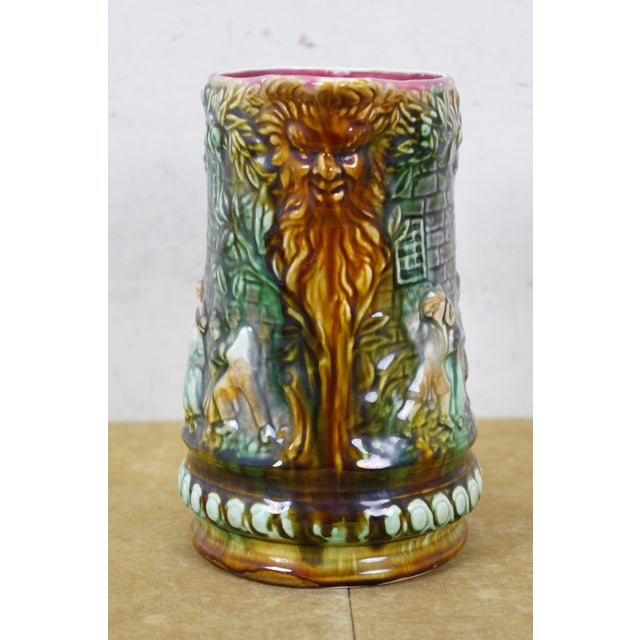 Early 20th Century Antique Onnaing Majolica 714 Castle Courtyard Tavern Green Man Jug Pitcher 9" For Sale - Image 5 of 17