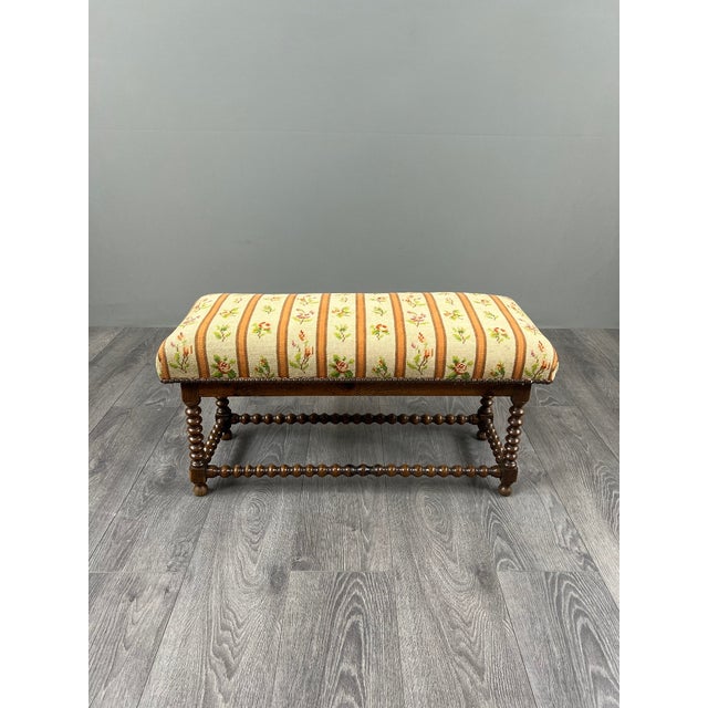 Antique Turned Wood Bench with Floral Tapestry Seat For Sale - Image 4 of 8