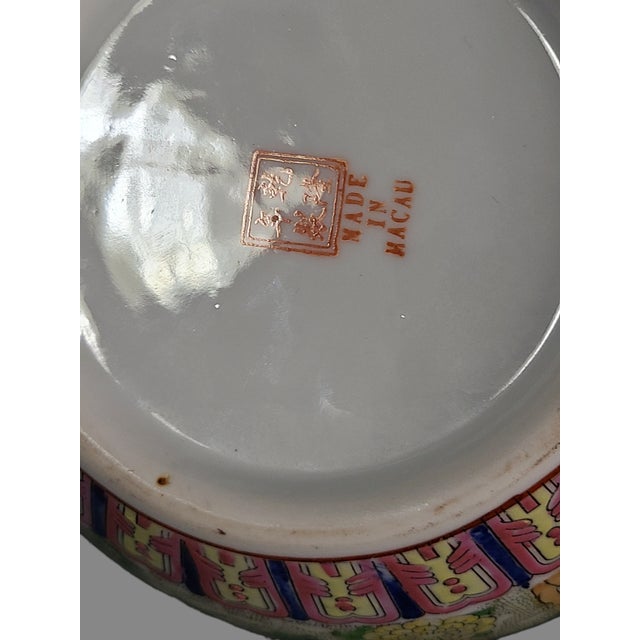 Ceramic Vintage Asian Macau Hand Painted Colorful Floral Birds Ginger Jar Marked For Sale - Image 7 of 9