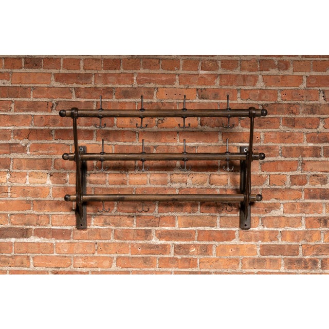 Industrial Early Two-Tier Wall Mounted Firehouse Coat Rack With Wood Rails For Sale - Image 3 of 8