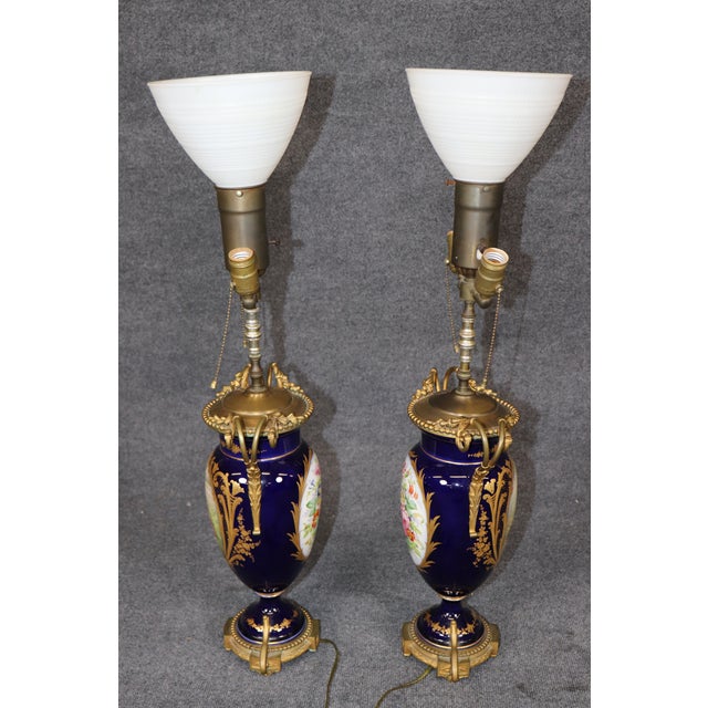 Traditional Antique Turn of the Century Blue Sevres Vase Table Lamps - Pair For Sale - Image 3 of 12
