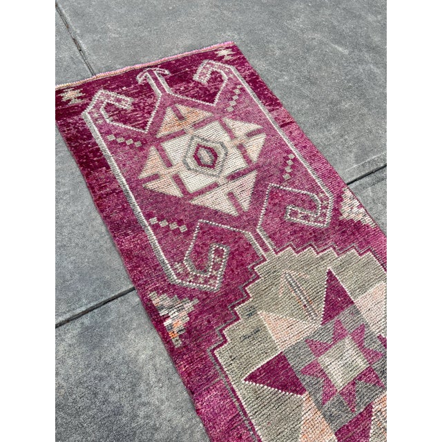 Boho Chic Vintage Handmade Magenta & Mint Color Oushak Rug For Sale - Image 3 of 4