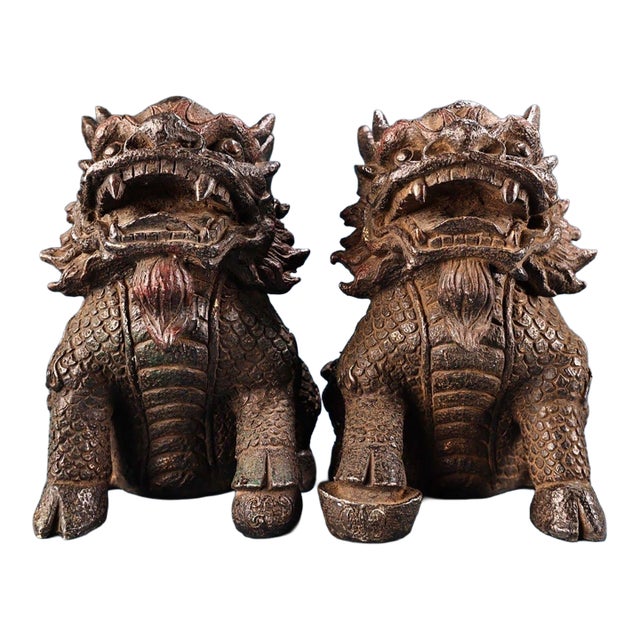 Late 19th Century Pair of Painted Bronze Qilin Figurines, 10000g Total, Mythical Beasts For Sale