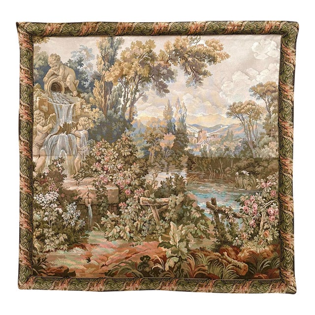 Wall Hanging Tapestry Vintage Victorian Angelic Garden Cherub Scene For Sale