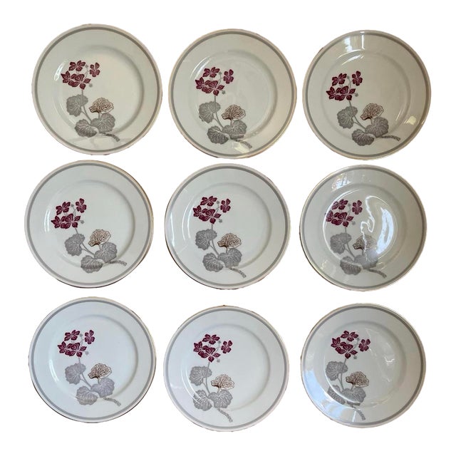 Vintage Noritake Geranium Burgundy and Gray 6.5” Plates - Set of Nine (9) For Sale