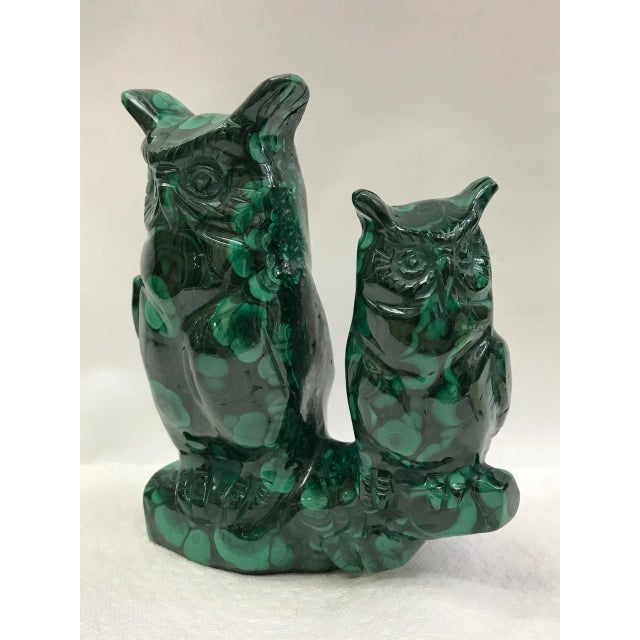 Figurative 1980s Carved Solid Malachite Stone Owls Sculpture For Sale - Image 3 of 5
