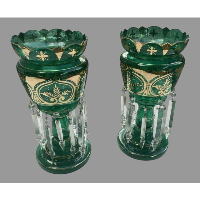Early 20th Century Pair Antique Victorian 14" Emerald Green & Gilt Art Glass Mantle Lusters With Prisms For Sale - Image 5 of 12