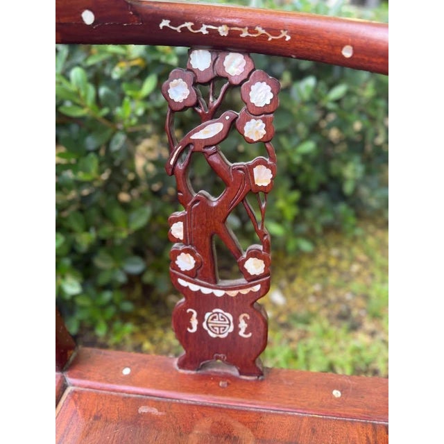 Chinese Rosewood Corner Chairs With Mother-of-Pearl Inlay, C. 1940 For Sale - Image 4 of 7