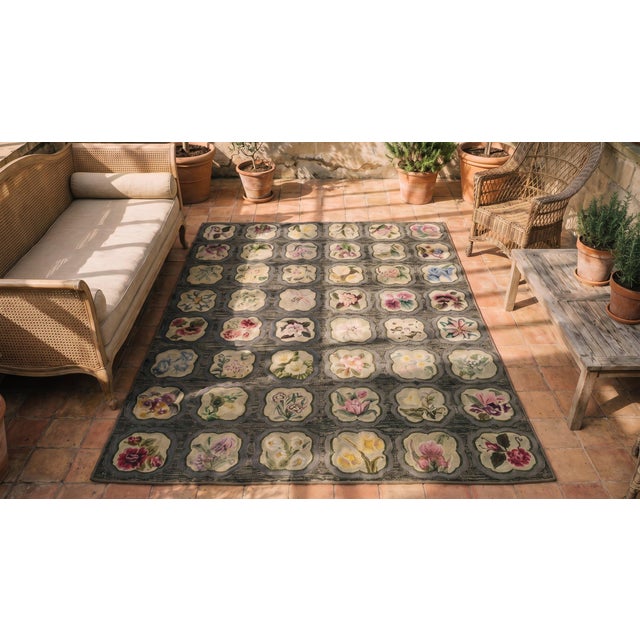 1930s Gray Roses Folk Art Antique American Hooked Rug 5'10" X 7'6" Woven Cotton Carpet For Sale - Image 15 of 15