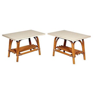 1960's Rattan-Base End Tables - Pair For Sale