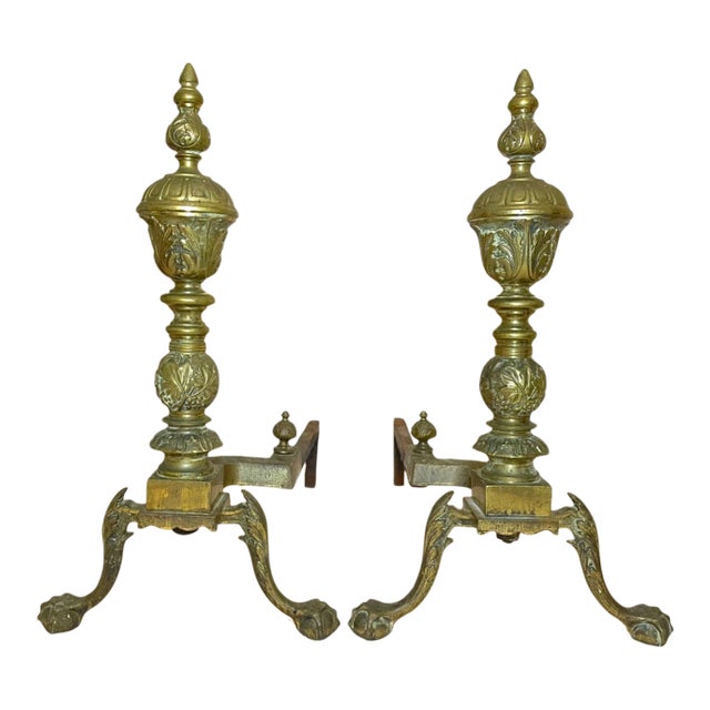Pair Antique Ornate Victorian Solid Bronze Cast Iron Claw Fireplace Andirons Set For Sale