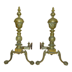Pair Antique Ornate Victorian Solid Bronze Cast Iron Claw Fireplace Andirons Set