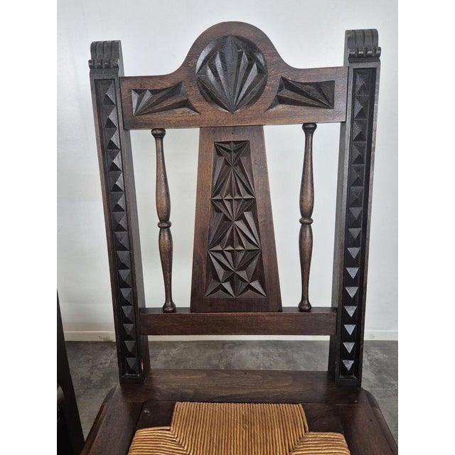 2000 - 2009 Breton Carved Chairs with Straw Seats, Set of 8 For Sale - Image 5 of 15