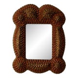 Antique Tramp Art Mirror, Folk Art Carved Wood Mirror, Rustic Americana Wall Decor, Hand Carved Wooden Frame For Sale