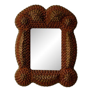 Antique Tramp Art Mirror, Folk Art Carved Wood Mirror, Rustic Americana Wall Decor, Hand Carved Wooden Frame For Sale