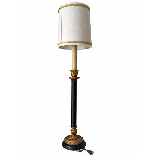 Early 21st Century Black and Gold Neoclassical Candlestick Table Lamp With Braided-Trim Shade For Sale - Image 5 of 11