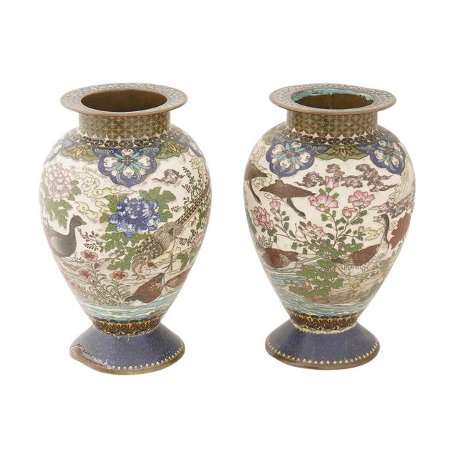 Pair of Meiji Japanese Cloisonne Enamel Vases With Ducks and Floral Scenes For Sale - Image 4 of 8