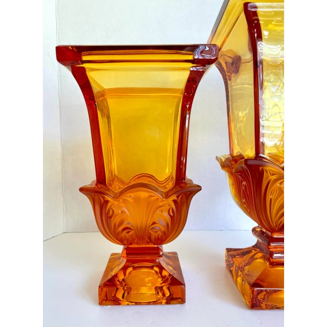 Here is an incredible set of TWO amber crystal art vases attributed to Josephinenhutte. There are no signatures however...