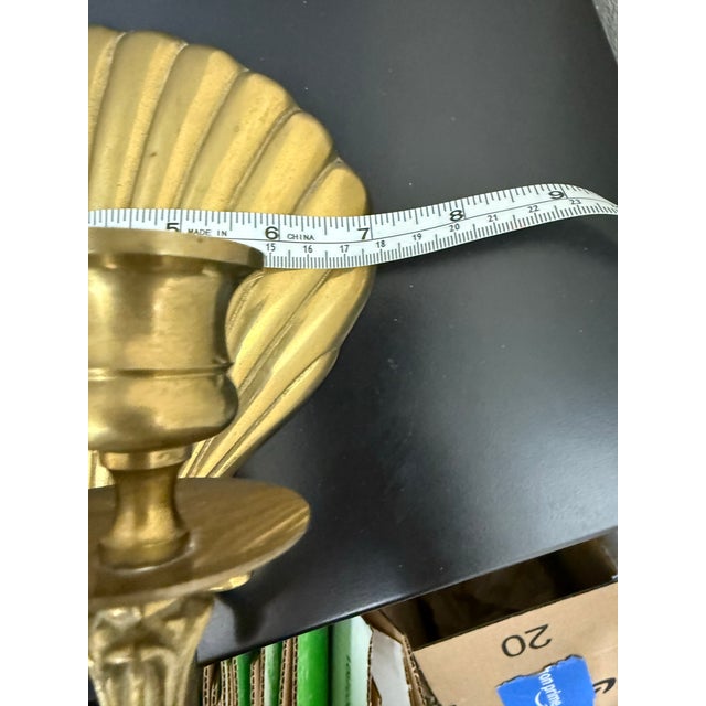 Metal Mid-Century Hollywood Regency Brass Scallop Shell Double Candle Holder Wall Sconce For Sale - Image 7 of 12