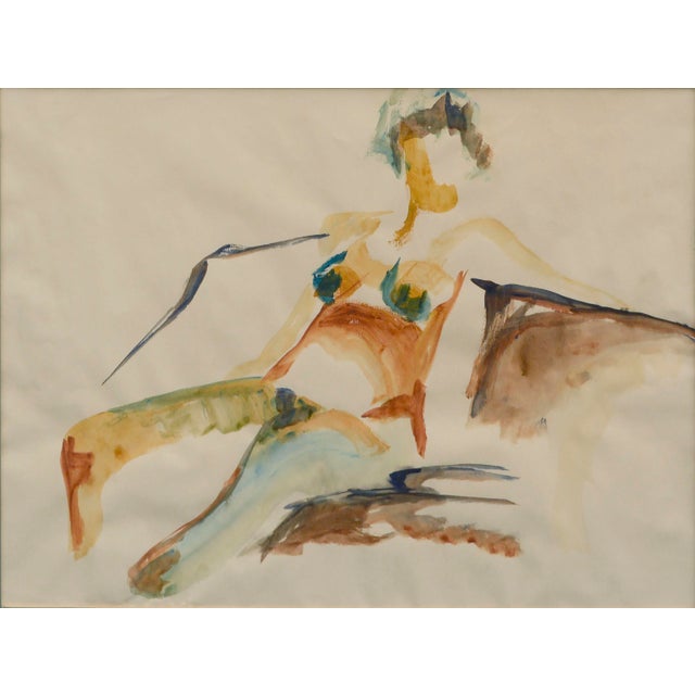 Gestural watercolor of a colorful seated nude figure by California artist Doris Ann Warner (American, 1925-2010). Signed...