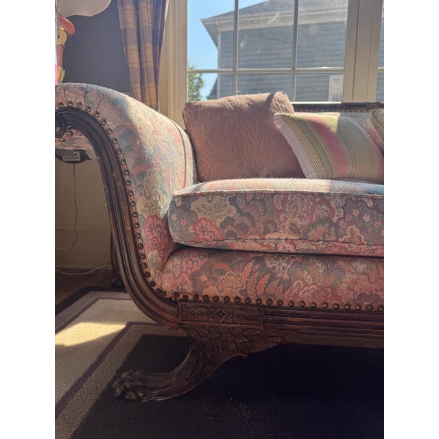 20th-century sofa in the early-19th-century Duncan Phyfe manner, with a carved mahogany-finished hardwood frame: scrolled...