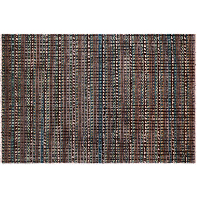Black Boho Chic Blue/Beige High Low Wool Rug - 8'10'' X 12'5'' For Sale - Image 8 of 9