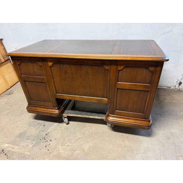 Vintage Hekman Oak Tooled Leather Top Executive Office Desk " For Sale - Image 9 of 14