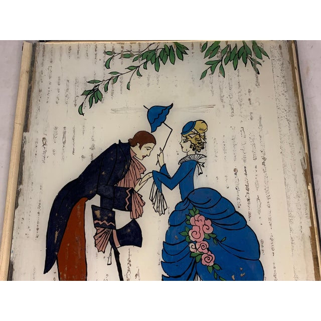 Early 20th Century Art Deco Reverse Painted Glass Courting Scene: Victorian Picture For Sale - Image 4 of 9