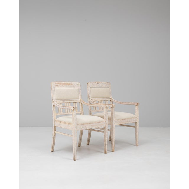 Wood 20th Century French White Patinated Gustavian Upholstered Chairs - A Pair For Sale - Image 7 of 18
