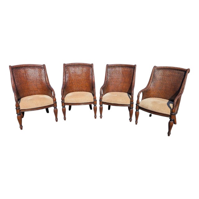 Late 20th Century Set of 4 Marge Carson British Colonial Woven Rattan Armchairs For Sale