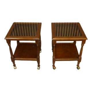 Vintage Square Bedside Tables in Wood and Glass on Wheels, 1960s-1970s, Set of 2 For Sale