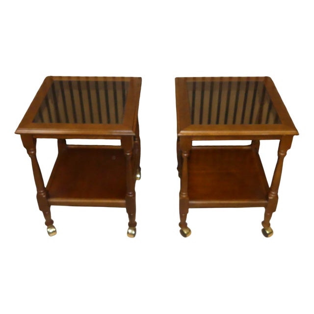 Vintage Square Bedside Tables in Wood and Glass on Wheels, 1960s-1970s, Set of 2 For Sale