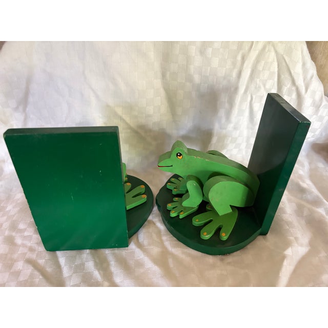 Bright Green Pair of Handmade Wooden Frog Bookends For Sale - Image 8 of 11